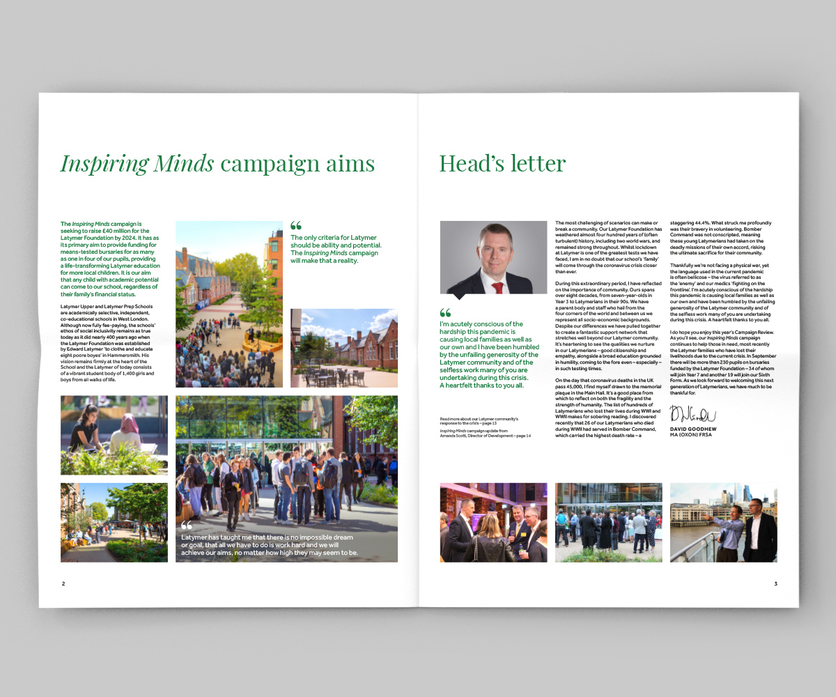Latymer Foundation Campaign review 2020 Head's letter spread